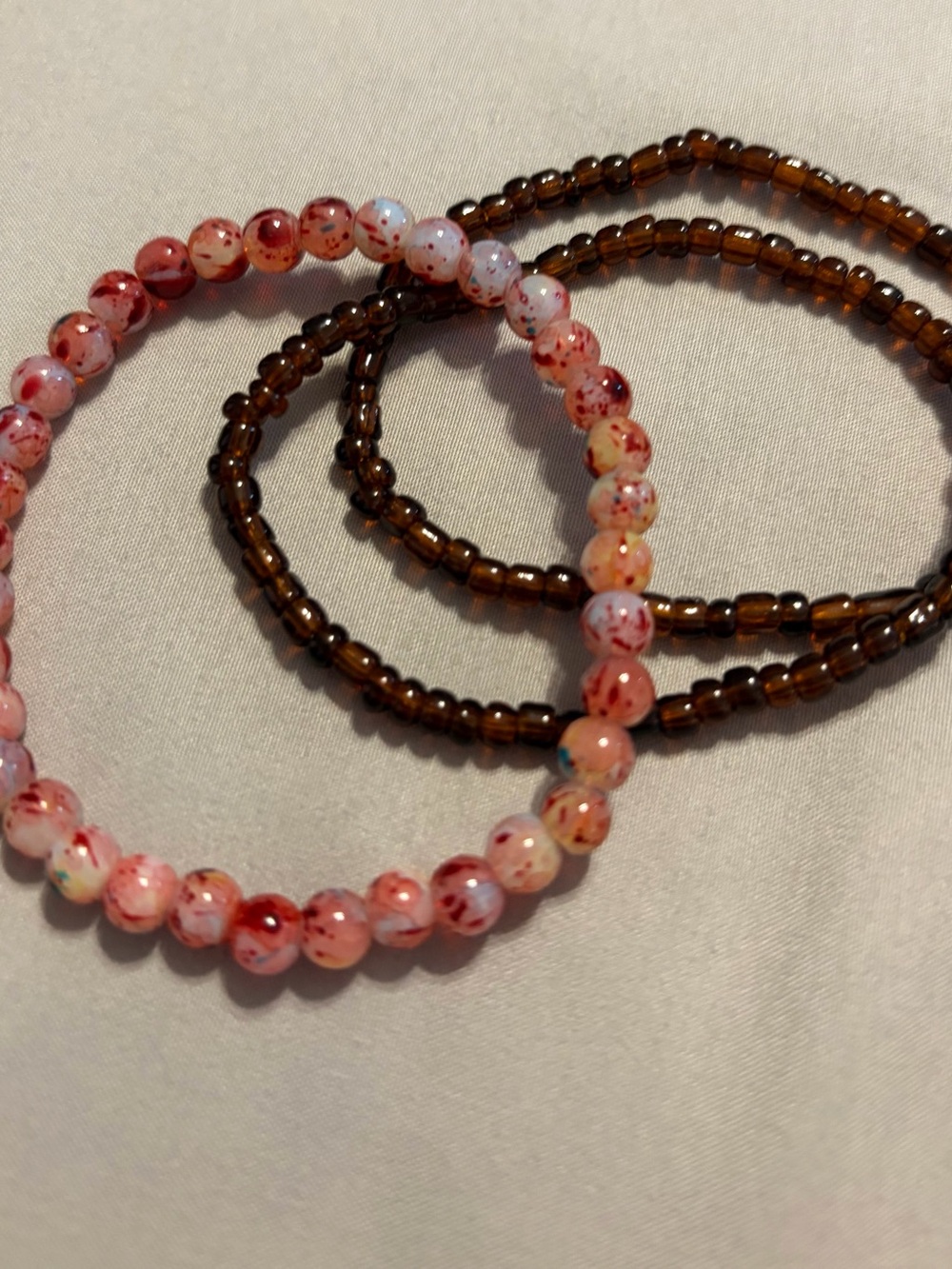 Handmade Pink Speckled & Brown Beaded Stretch Bracelet Set